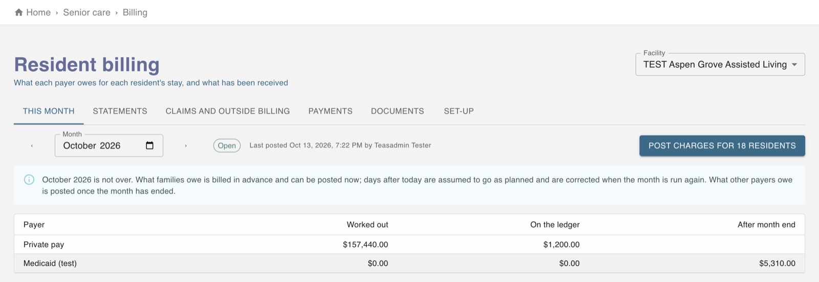 Resident billing for the month by payer, with private pay and Medicaid amounts per resident