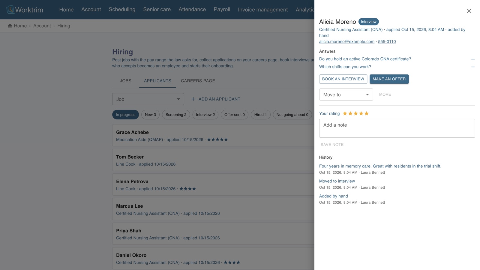 Worktrim Hiring with applicants by stage and one applicant's rating, notes and history