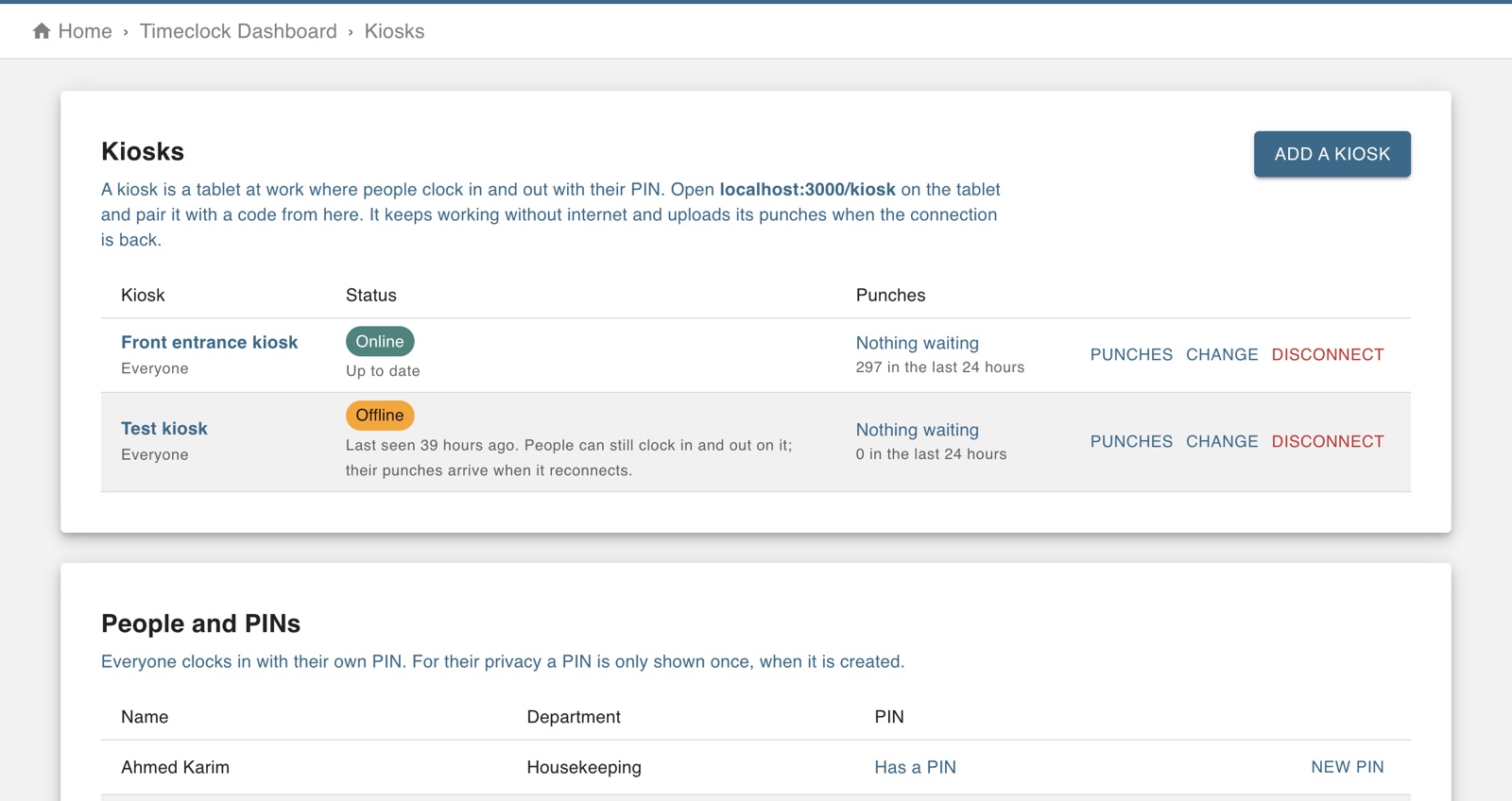 Kiosk settings showing a paired kiosk, its status and the staff PIN list