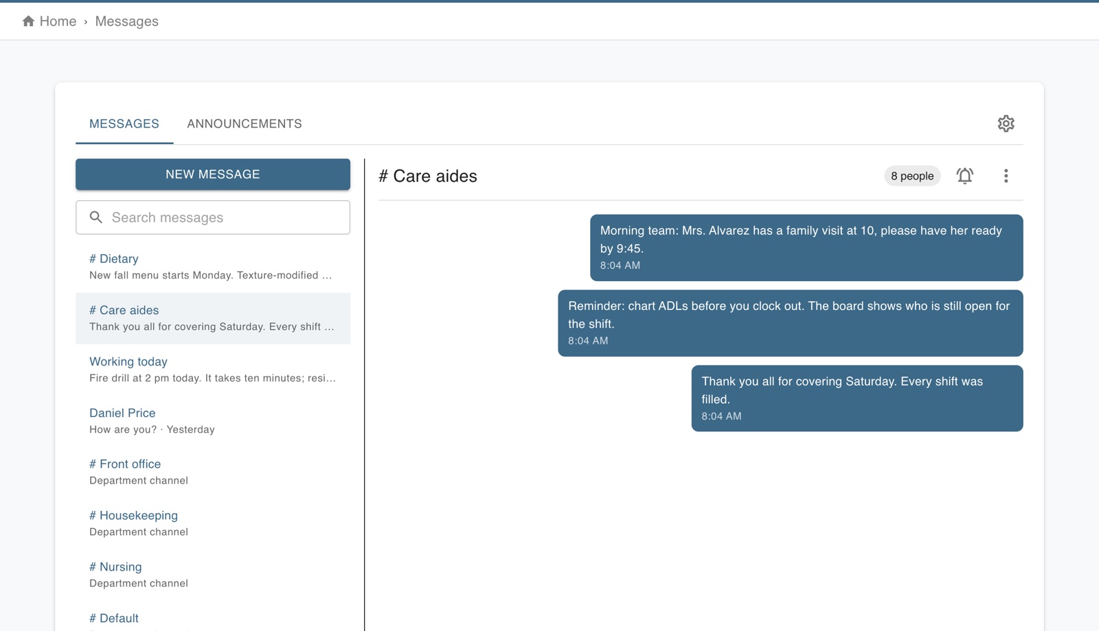 Worktrim Messages with department channels, a group of everyone working today and a channel conversation