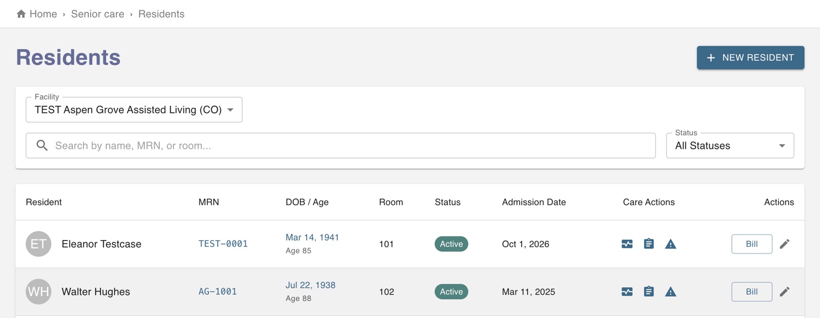 Residents list for a facility with MRN, date of birth, room, status and admission date