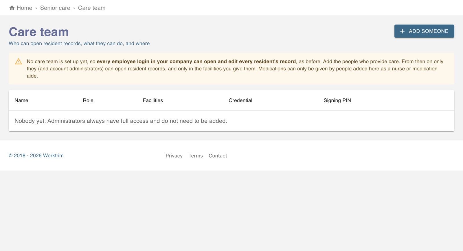 Care team page for choosing who can open resident records, in which facilities and with which role