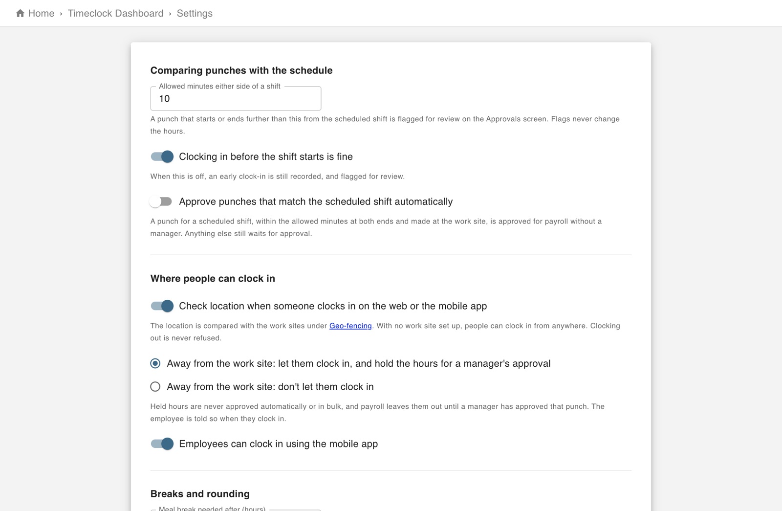 Time clock settings for comparing punches with the schedule and where people may clock in