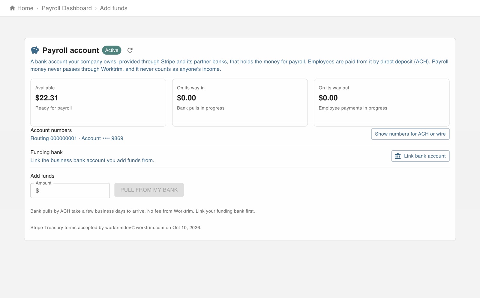Payroll account balance with money available, on its way in and on its way out, and adding funds