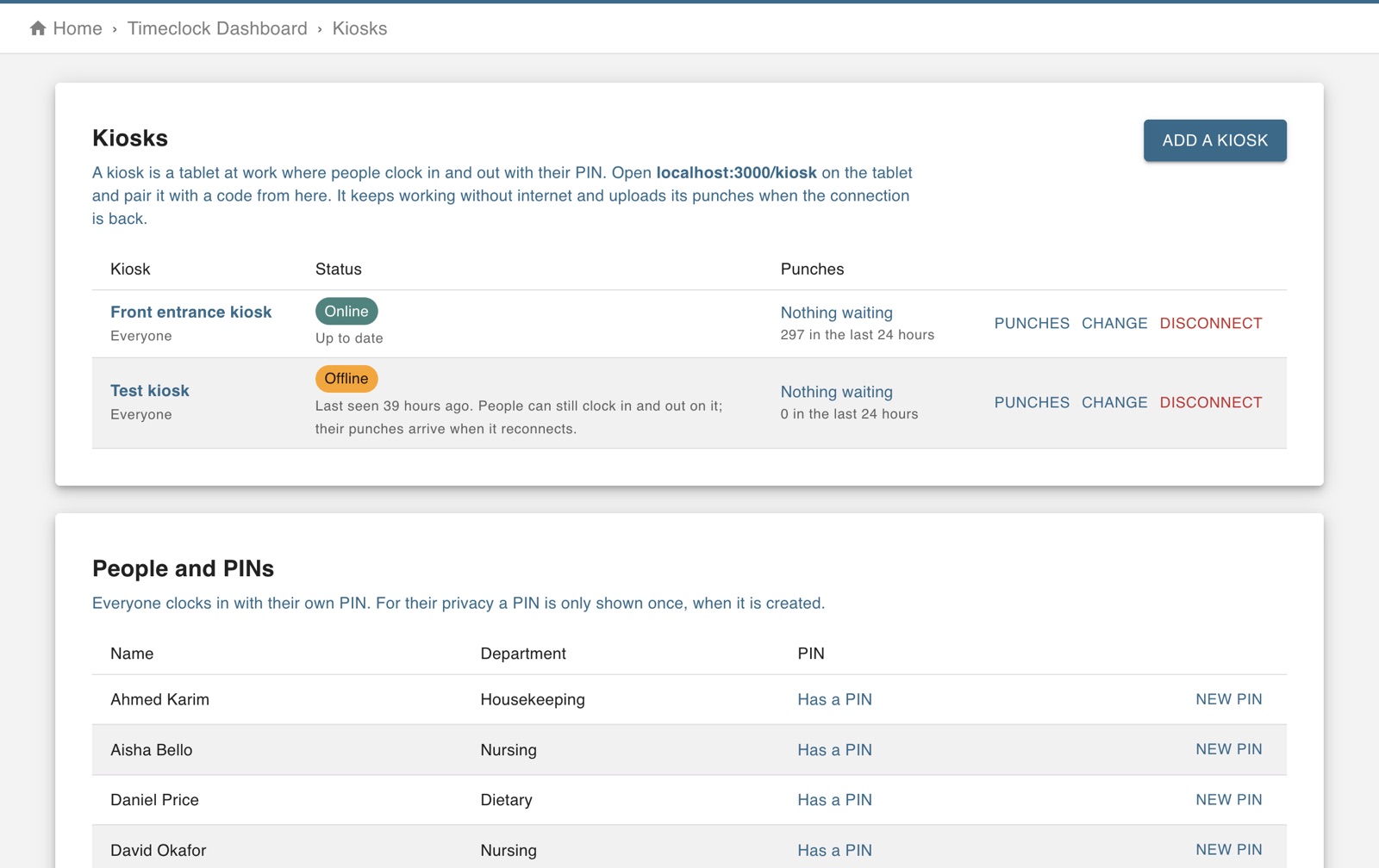 Kiosk settings with a paired kiosk and its status, and the list of staff PINs