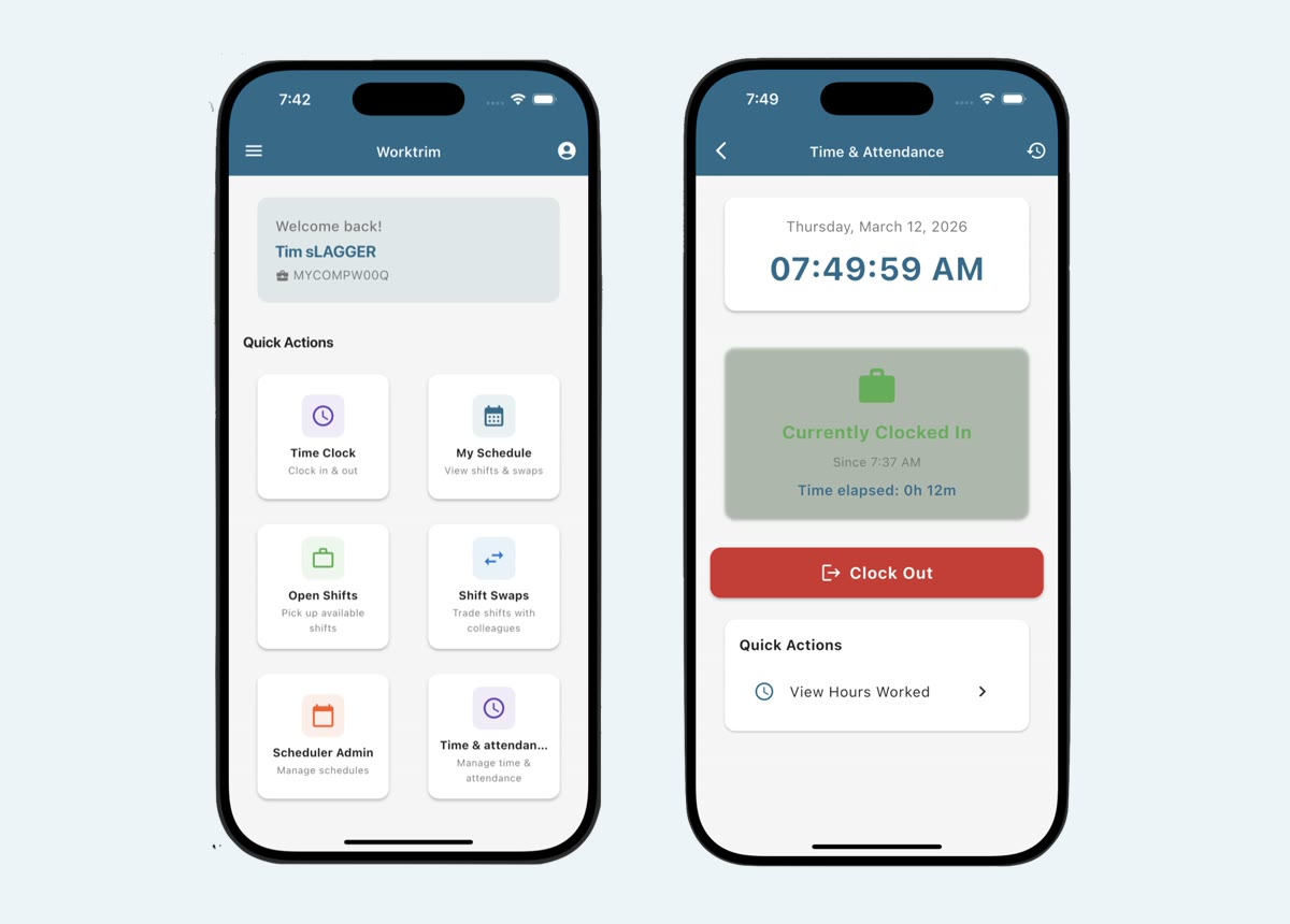 The Worktrim mobile app home screen with Time Clock, My Schedule, Open Shifts and Shift Swaps