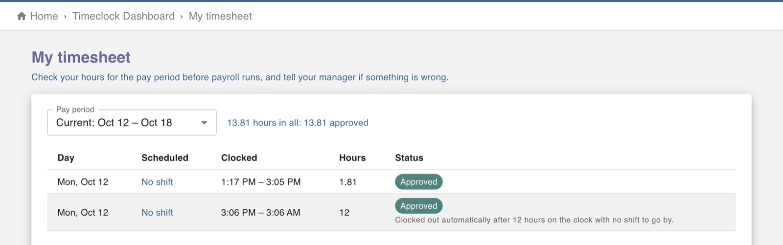 An employee's timesheet for the pay period with approved punches and buttons to confirm the hours