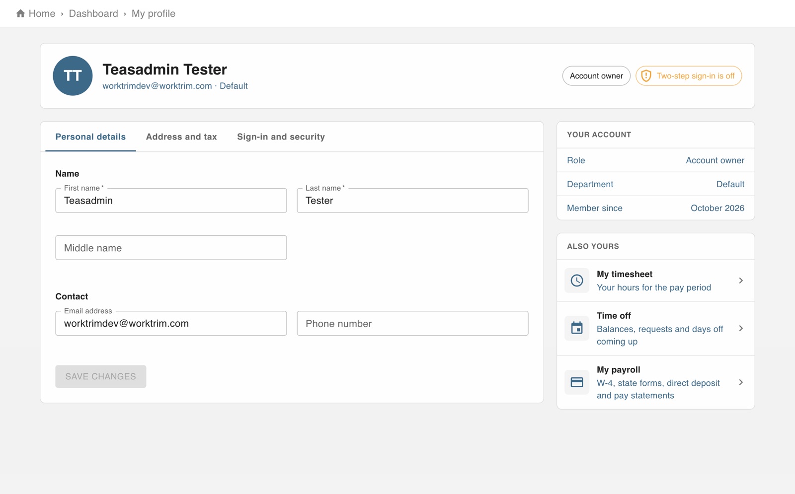 My profile with personal details, address and tax, and sign-in and security tabs