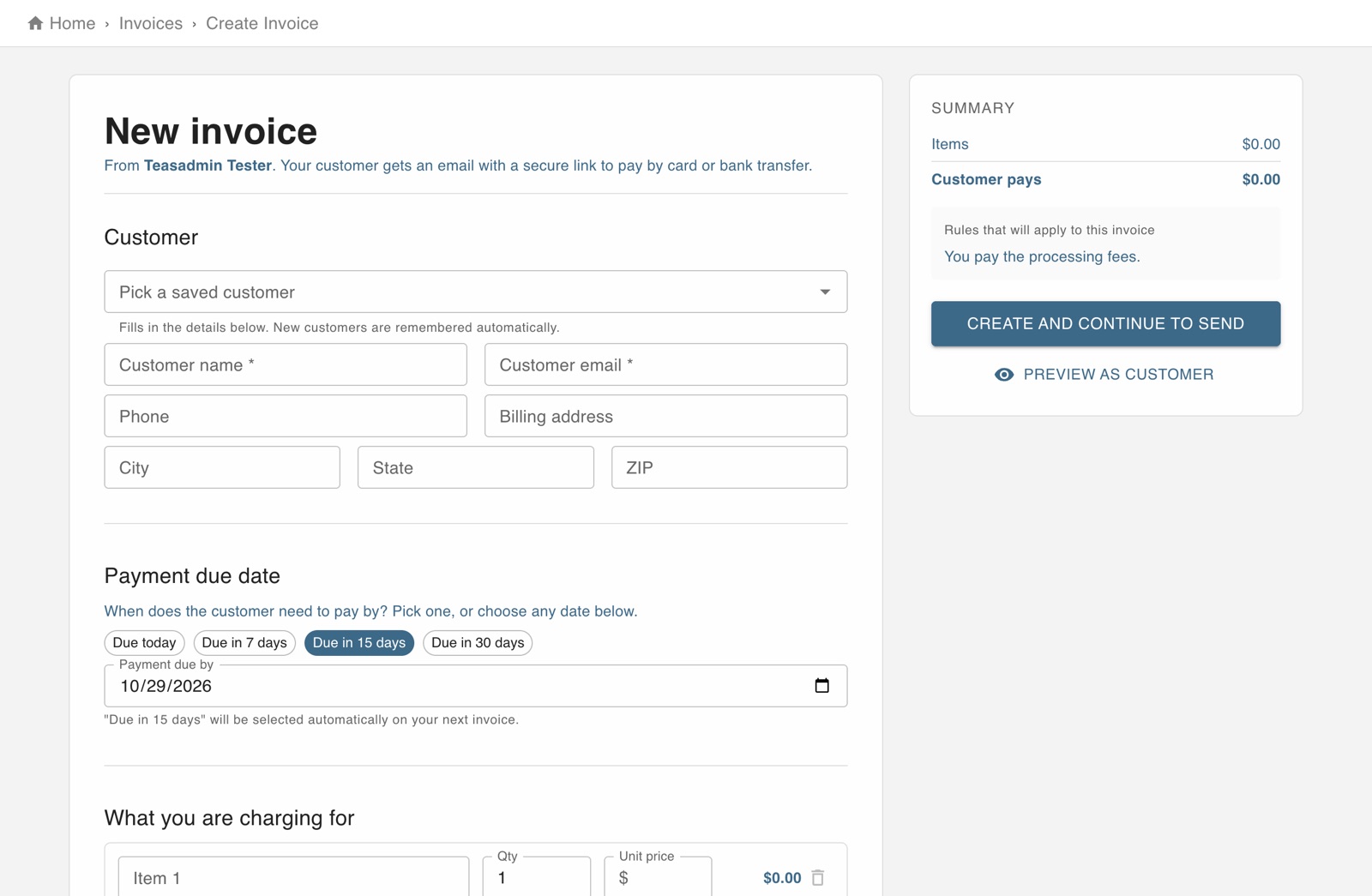 New invoice form with customer details, payment due date and the summary of what the customer pays