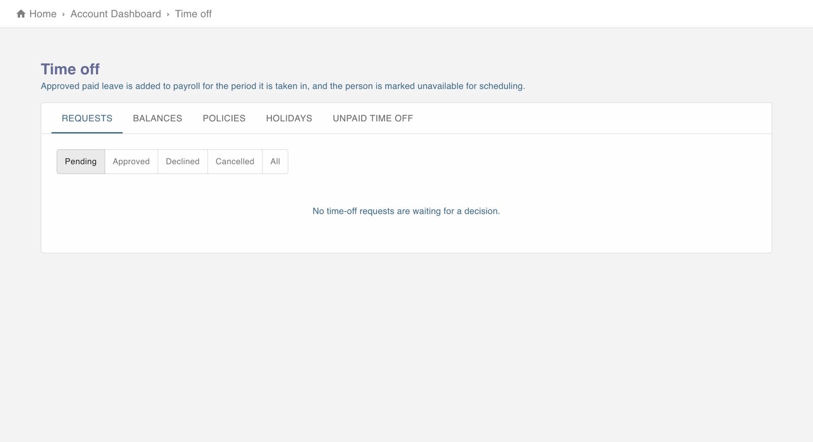 Time off requests for an administrator, with tabs for requests, balances, policies, holidays and unpaid time off