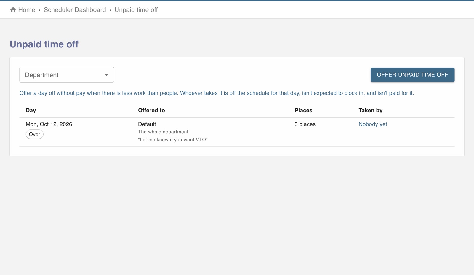 Unpaid time off page listing days offered to a department and who took them