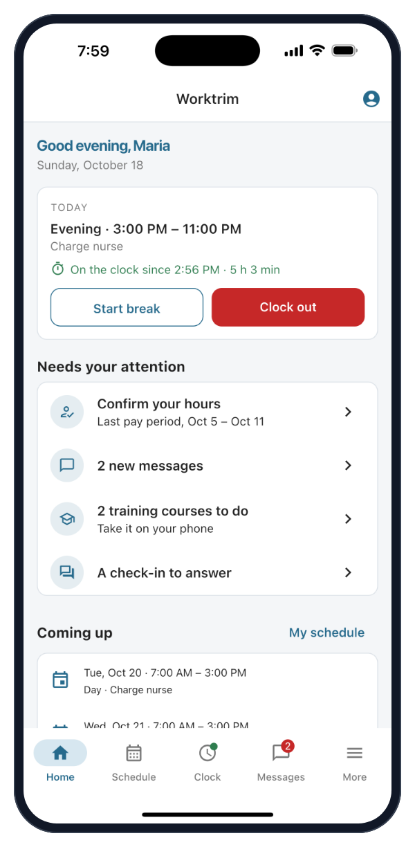 Worktrim mobile app home screen with today's shift, what needs attention and the shifts coming up